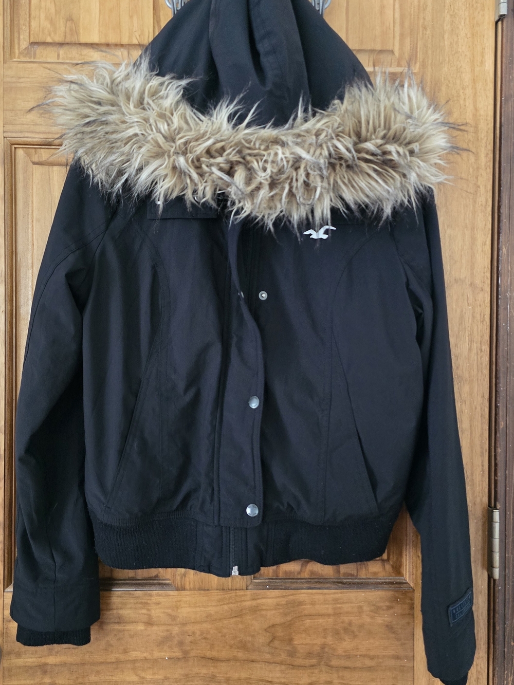 Hollister Girls' Black Hooded Jacket with Faux Fur Trim
